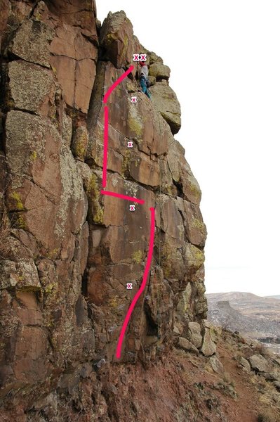 This is the route I take when I climb this. Yes, the holds are big, but the feet completely disappear a couple times.