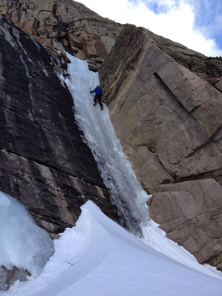 Art Missirlian on the ice flow immediately on the West end of Peacock Pool. WI3+.