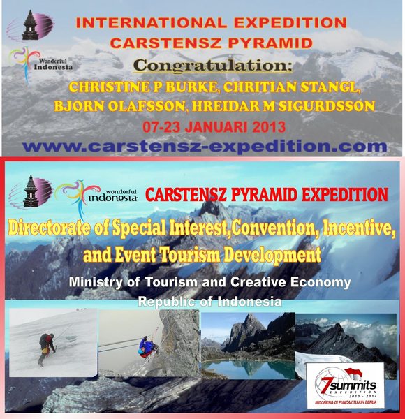 ~Congratulations to BJORN OLAFSSON, CHRISTINE P. JENSEN BURKE (@Chris Burke), CHRISTIAN STANGL, & HREIDAR SIGURDSSON,for SUMMIT CARSTENSZ PYRAMID this morning of 15 JANUARY 2013 (Papua Time)~<br>
CARSTENSZ-EXPEDITION 1st Departure in 2013 - Trekking via Sugapa village, THANKS TO CREWS; Raymond Rengkung & Monintja Jemry.<br>
Team is now back in BC, wishing them a safe trekking out.<br>
*This status in dedicated to family and friends of those mentioned above*