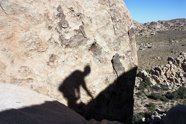 The shadow marks the start of the descent from DQ Wall - Right Side, Joshua Tree NP