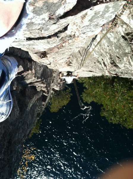 I believe my friend and I coined this route Barefoot Head Dunk. You're suppose to lower about half way and start the climb, but if your lower all the way to the water and dunk your head, and proceed to climb barefoot, you are climbing Barefoot Head Dunk. It's a lot more challenging.
