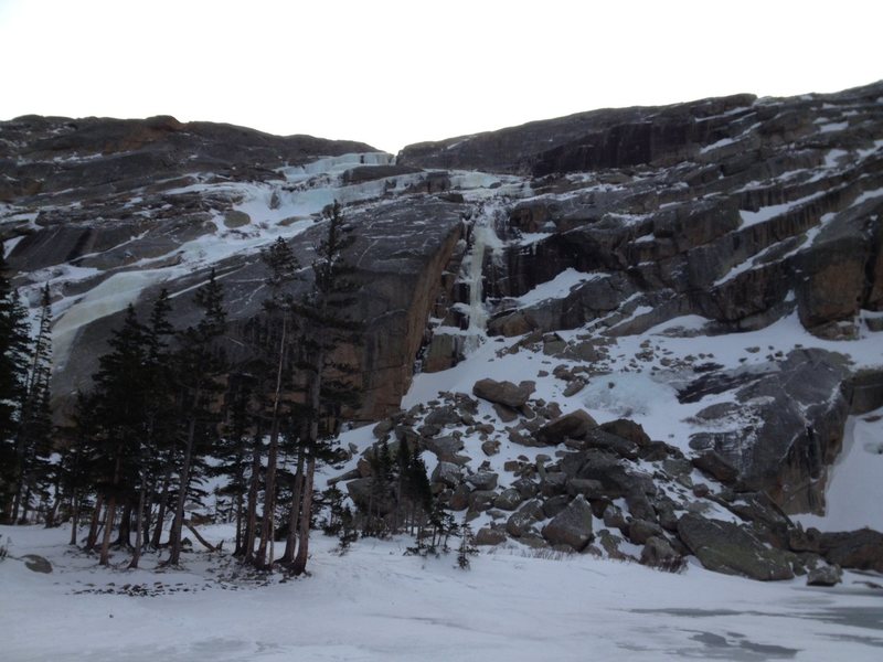 January 26, 2013. NEW ICE! I've climbed in the Black Lake cirque most winters for a couple decades and don't think I've ever seen this line form up. 50m & both a WI3 & WI4 variation.<br>
<br>
To exit - rap the line by V-thread, or continue up 2 more pitches, or walk left to join the regular route.