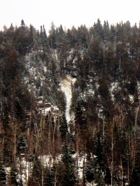 Shot of route from the road. You can really only see the end of P1 in center. Second pitch finishes up and left. The view is fantastic.