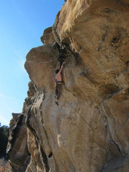 Hitting the jug. Used the plethora of bolts to clip up this section to try the moves out. I think the crux really comes after this. Getting up to the anchors and feeling comfortable about your stance is hard for me.