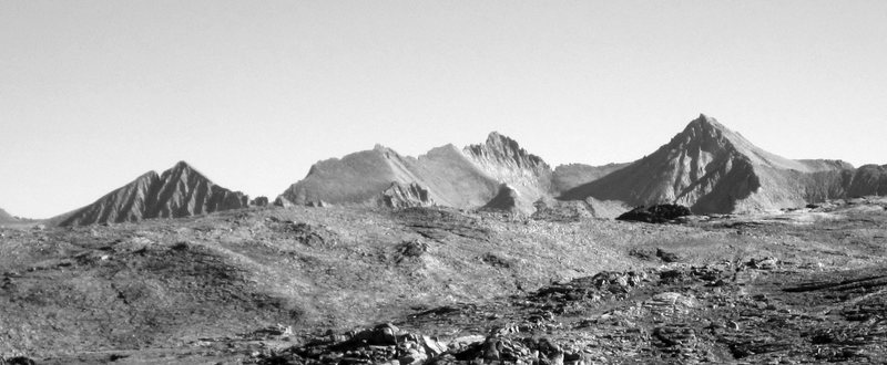 Brewer Group as seen from the southwest (Winter Alta), with Farquhar on the left, formerly known as Notch Peak, it's obvious why it had this name.