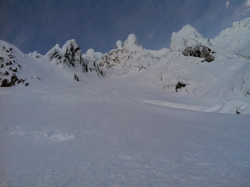 Looking up at the lower section of the route, from the Bergschrund