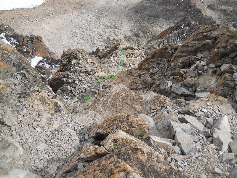 RAPPEL #1<br>
From the highest rap bolt, looking down to my pile of green rope. I down-climbed instead. <br>
<br>
Green dashes lead to the second, very steep, 26 meter rappel.
