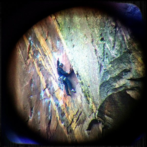 Unknown climber approaching the roof on 1.18.13.<br>
<br>
Photo taken through mounted scope on Fowler Trail.