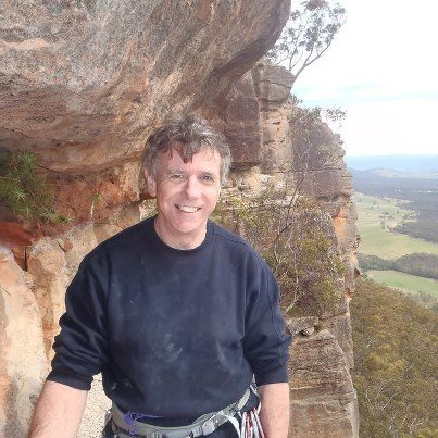 Ray Sharples at the top of Eternity (Grade 19), Mt Piddington, Blue Mountains, Australia.