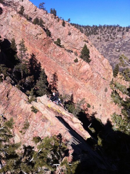 John traversing to rap anchors after topping out on Wind Ridge.