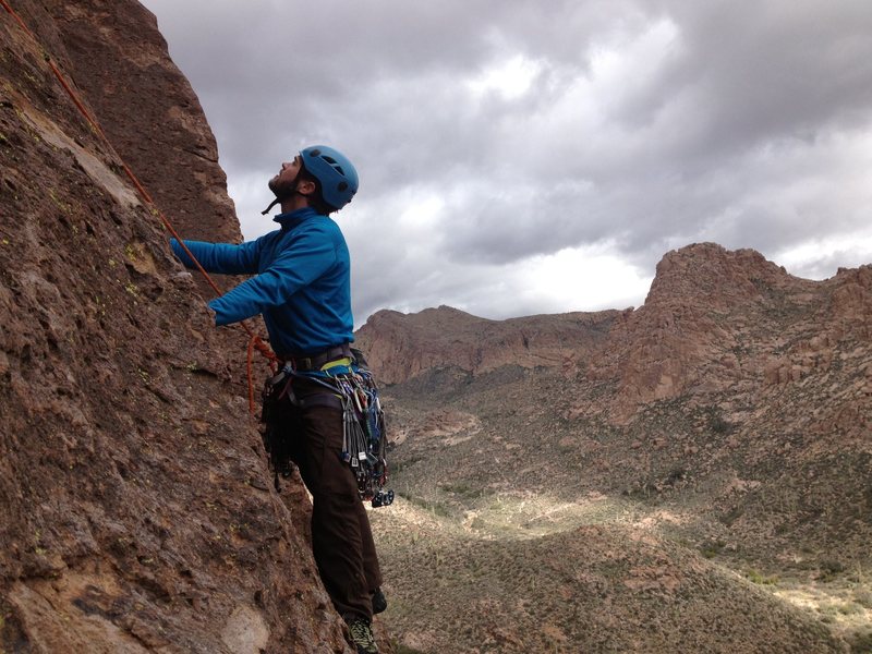 On the traverse at the beginning of pitch 2.