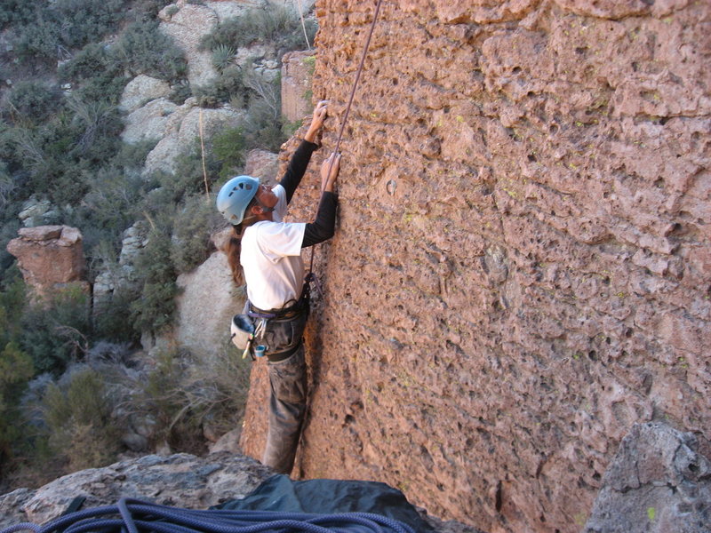 Cindy Gray, enjoying the incredible texture and variety of holds on the lower section of Sendero D'oro.