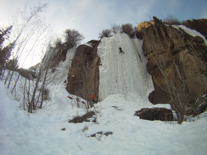 Bigcicle ice on Feb. 23 2013, conditions were great, we climbed after the sun turned the corner off ice, slightly wet, single swings.