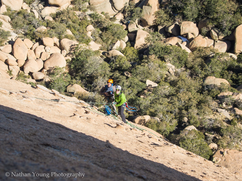From about half way up the third pitch. That belay station was created on 3 chicken heads and it was completely bomber.