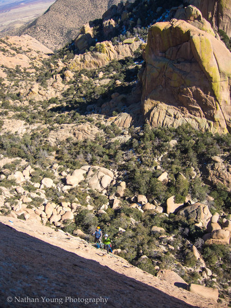 From about half way up the third pitch. That belay station was created on 3 chicken heads and it was completely bomber.
