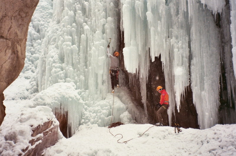 Conrad Anker and Phill Powers climbing under the bridge at the Ouray Ice park.