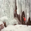 Conrad Anker and Phill Powers climbing under the bridge at the Ouray Ice park.