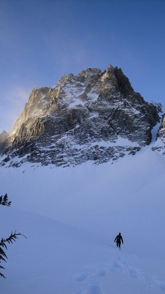 Looking up at Blue Crag in winter conditions.
