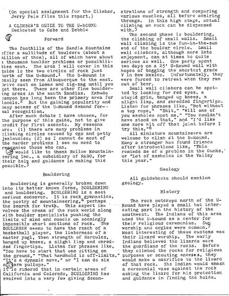 Humorous piece written for the NM Climber (Spring 1979) by Jerry Feis, manager of Backwoods which was one of two climber hangouts in the 70s, p. 1.