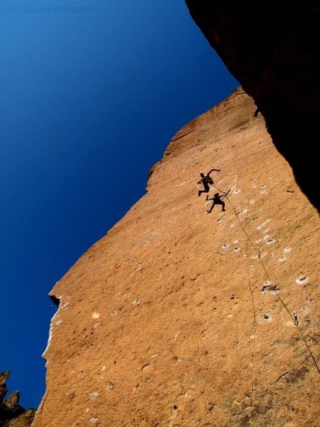 Taking a whip on Heinous Cling, a classic at Smith Rock, Oregon
