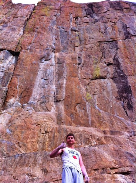 Standing at the base of the super classic O.D.K. The route ascends the chalked up vertical seam to the left of my head in the photo. (Pinklebear and Dream of Poudre can also be seen.)