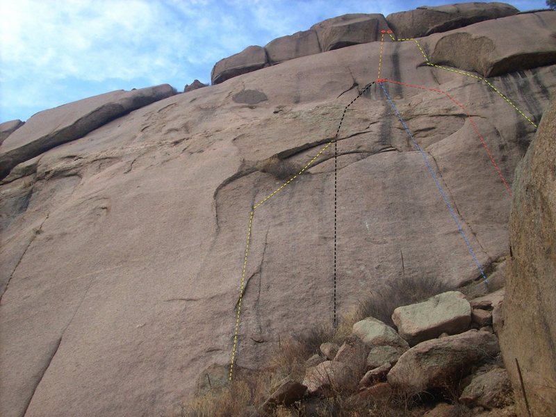 From left to right:<br>
<br>
Yellow = Snark Hunt, 5.9.<br>
Black = Dam The Water Board, 5.8.<br>
Blue = No Bore a Bora, 5.10c.<br>
Red = The Natives are Restless, 5.11d.<br>
Green = Seventh Wave, 5.11b.<br>
Orange = Unknown, 5.12b, TR.