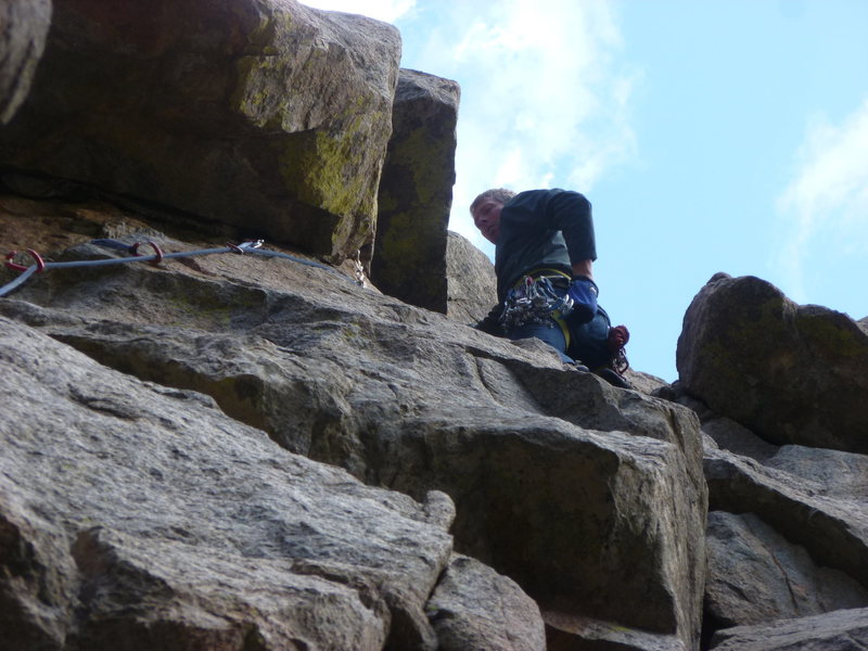 Right of the small overhang.