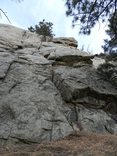 The route ascends the crack in the center with the tree.