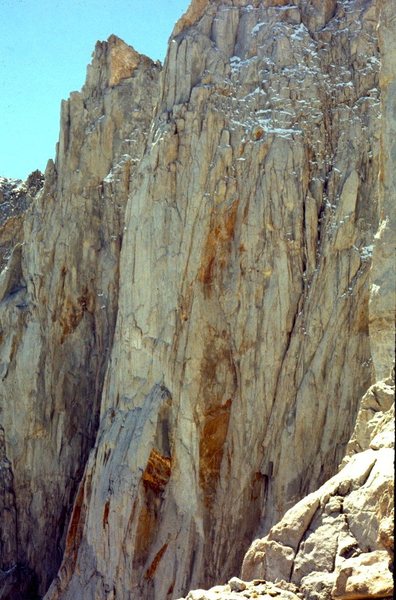 1971 Hammerless FA 5.8 North Face. Taken from the East Buttress, this is approximately where I abandoned plans to solo the East Face and traversed to the north side in favor of a more adventurous route.