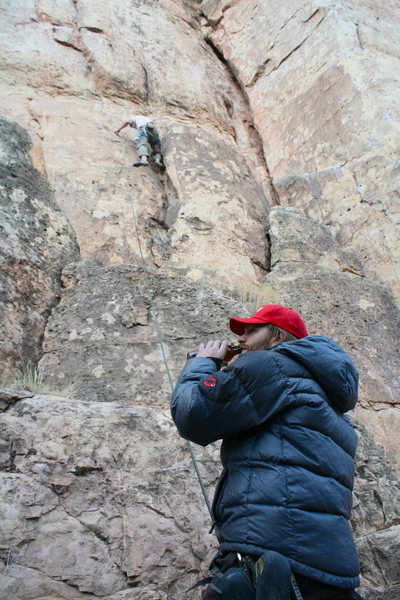 Ben with impeccable belay technique.<br>
<br>
Photo: Travis M.