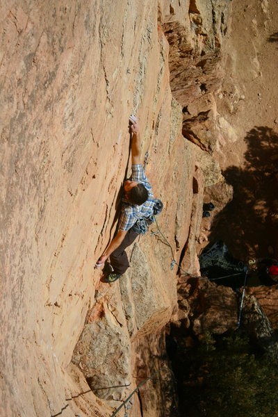 Ben making a long reach low on Super Sucka.<br>
<br>
Photo: Travis M.