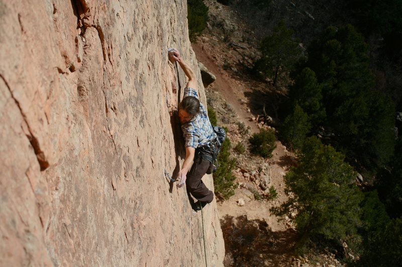 This route does not super suck. <br>
<br>
Climber: Ben I.<br>
Photo: Travis M.