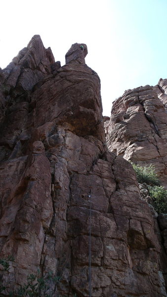DAS on the second ascent nearing the top, rope shows the line.