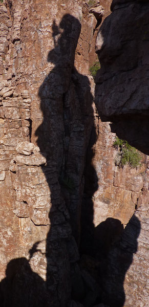 Shadow pic of me atop the Shmotem Pole, bringing up a climber on the last pitch. Photo by me, taken at the LDE 'coming out' party in 2010.