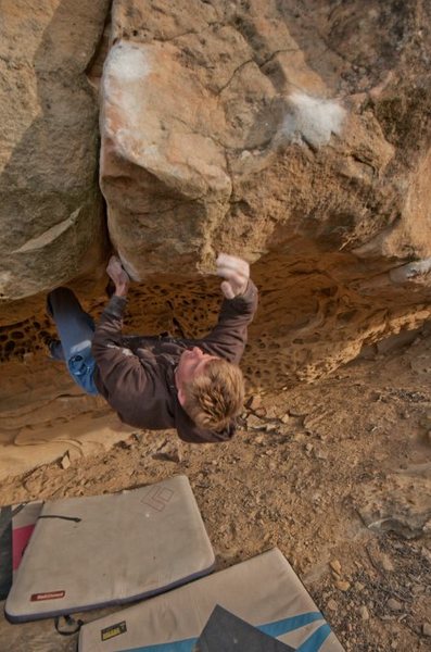 Ryan Jacobs working through the crux just before getting the second ascent!