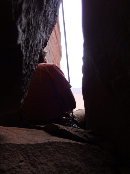 Matt on the cushy P1 belay ledge
