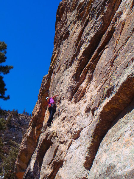 An ok photo of the general route. Nice crimps up to a crux transition to the first belay
