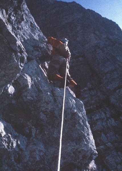 Right on the corner. "Toto" is gripping the arête with his right hand!