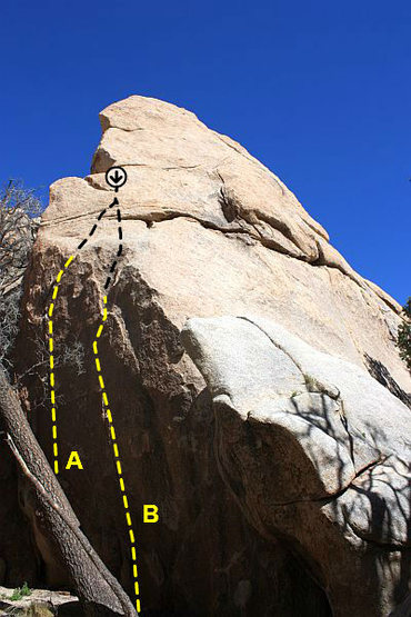 Scary Rock (North Face), Joshua Tree NP<br>
<br>
A. Thorazine Left (5.11b)<br>
B. Thorazine Right (5.12a)