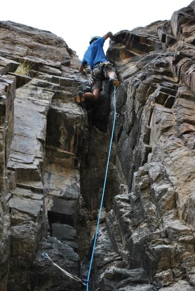 Climbing the chimney on Guanica on the Lefthand Wall at Mt. Lemmon. 