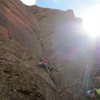 Starting up pitch 1 on the first ascent.<br>
<br>
Photo by Lindsey Hamm.