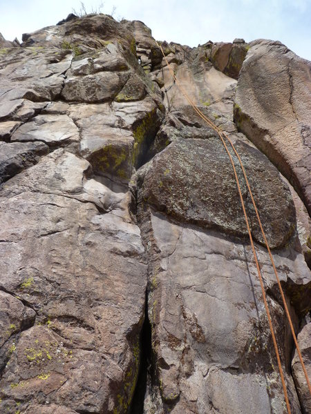 The route is the crack to the left of the rope.