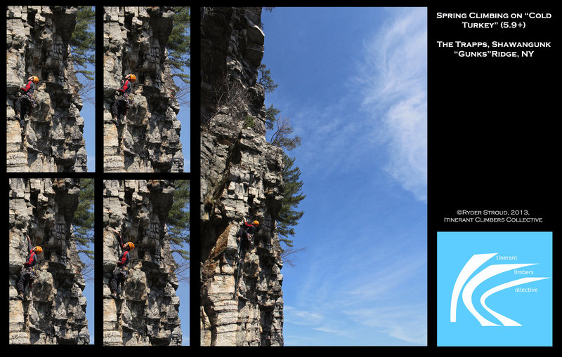 A composite of a climber on "Cold Turkey"