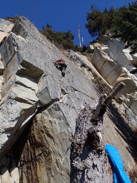 This is the Kachemak Crack formation and Randy is on the climb Kachemak Crack, the Unknown 5.10+ is on his right.