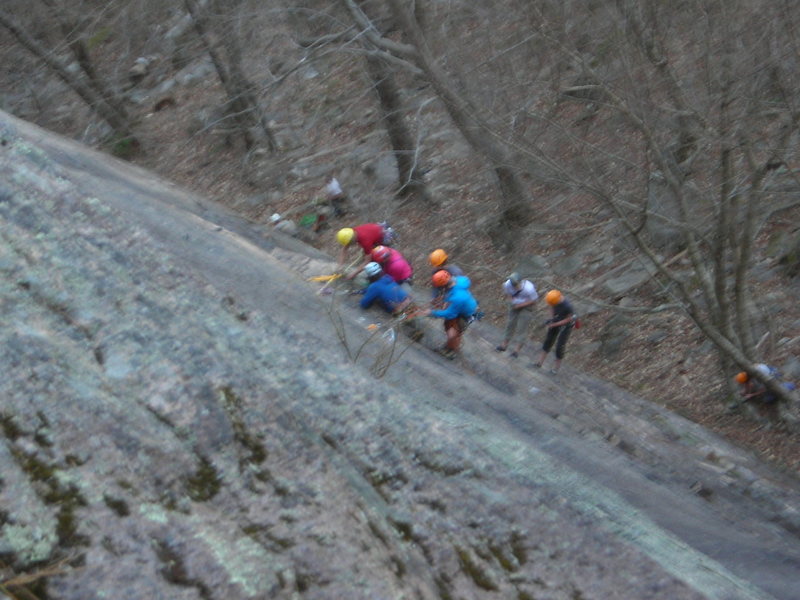 A group practicing guide-client rescue on the first pitch of Thin Air, on Sunday 4/28/13. (Sorry for the blurry picture, it's 5 guides on anchor, and 2 guides playing tired/exhausted 'clients' on rope below)<br>
Not the time or the place?