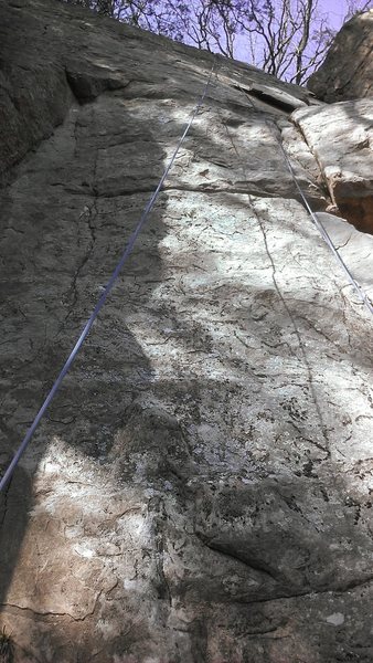 Looking up Sherlocked. Dihedral route is on the left and an unnamed crack climb is on the right.