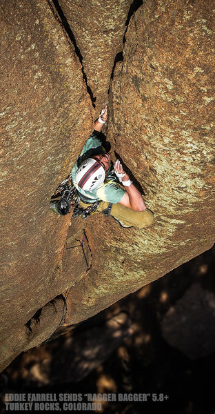 Eddie Farrell climbs "Ragger Bagger". Turkey Rocks, Colorado.