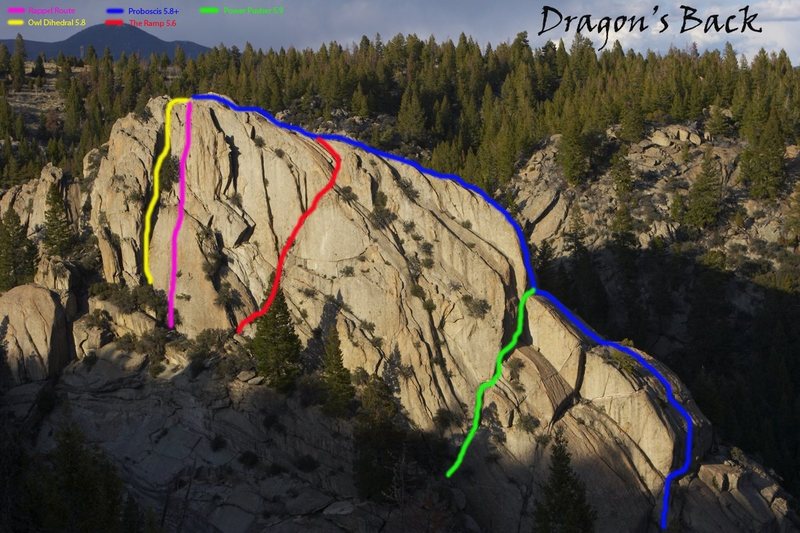 Some of the moderate routes on Dragon's Back.<br>
<br>
Blue: Proboscis 5.8+<br>
Green: Power Pusher 5.9<br>
Red: The Ramp 5.6<br>
Yellow: Owl Dihedral 5.8<br>
Pink: The rappel route