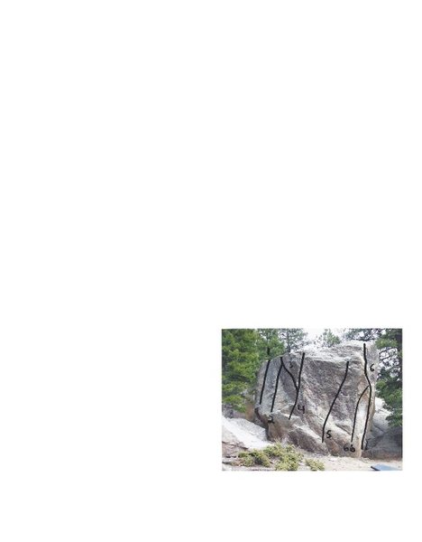 1. Climb the face, V2.<br>
2. "No Name" V3 fr LeeAB.<br>
3. Undercling match, V3.<br>
4. "Left Arete" V3.<br>
5. Air Jordan, V6.<br>
6. Big Air, V3.<br>
6b. Big Air Direct, V8 (FA Lee Brinckerhoff).