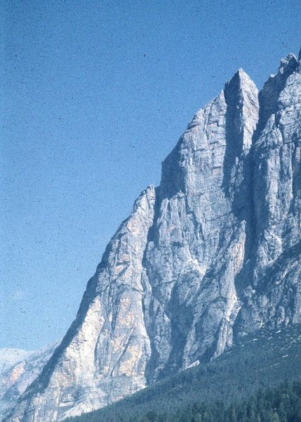 Punta Fiames, just North from Cortina d'Ampezzo. The well-known "Spigolo Fiames," or "Spigolo Jori" is the knife edge near the summit of the peak.